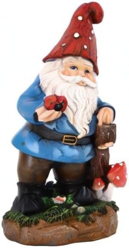 Topadorn Garden Gnome Statue LED Light Solar Energy Gnome Figurine with Ladybug on Hand Mushroom for House, Lawn Decor 11 Inch