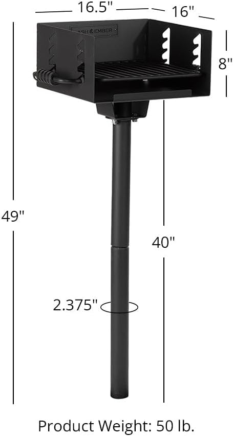 Ash & Ember Park-Style Grill, 256 Sq. In Charcoal Grill, 16.5x16x8, Single Post Outdoor Cooking Grill for Backyard BBQ, Camp Grilling Barbecues, Small-Sized Parties, Grill Delicious Meats, Vegetables