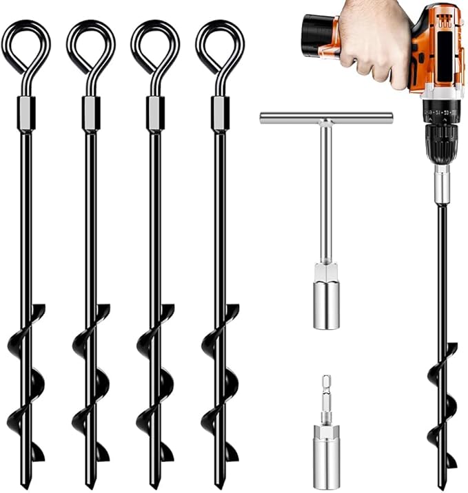Ground Anchors Screw in, Heavy Duty Tent Stakes Trampoline Anchors 4Pack, Ground Anchors for Camping Tent, Canopies, Carports, Canopy, Sheds, Swing Sets,14in Ground Anchors for High Winds