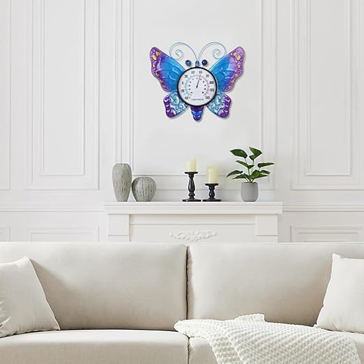 Outdoor Thermometer, Blue Butterfly Indoor Thermometer No Need Battery, Metal Wall Thermometer for Patio Home Room Decor