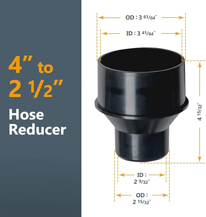 POWERTEC 70492 2-1/2" x 10' PVC Dust Collection Hose w/ 2pcs Stainless Steel Key Hose Clamps, 4" to 2-1/2" Reducer and 4" Dust Control Flex Cuff, for Table Saw, Band Saw, Router Table, Woodworking