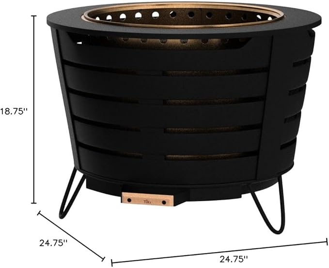 TIKI 25-Inch Smokeless Patio Fire Pit, Wood Burning with Removable Ash Pan & Weather-Resistant Cover, Modern Black Design – Ideal Outdoor Smokeless Fire Pit for Backyard & Patio