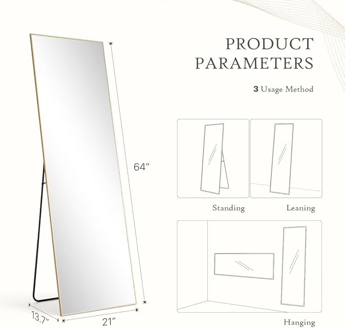 Full Length Mirror, 64"x 21" Floor Mirror With Aluminum Alloy Thin Frame, Hanging or Leaning for Wall Bedroom Dressing, Home Decor, Gold