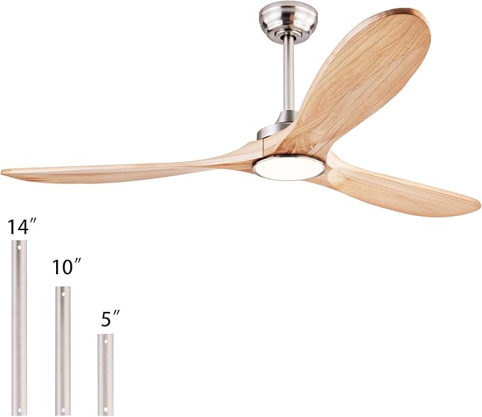 60" Wood Ceiling Fans with Lights and Remote Control,Indoor Outdoor 3 Blades Wooden Ceiling Fan for Garage,Patio,Living Rooms,Bedrooms,Offices,Farmhouse(Nickel+Raw wood)