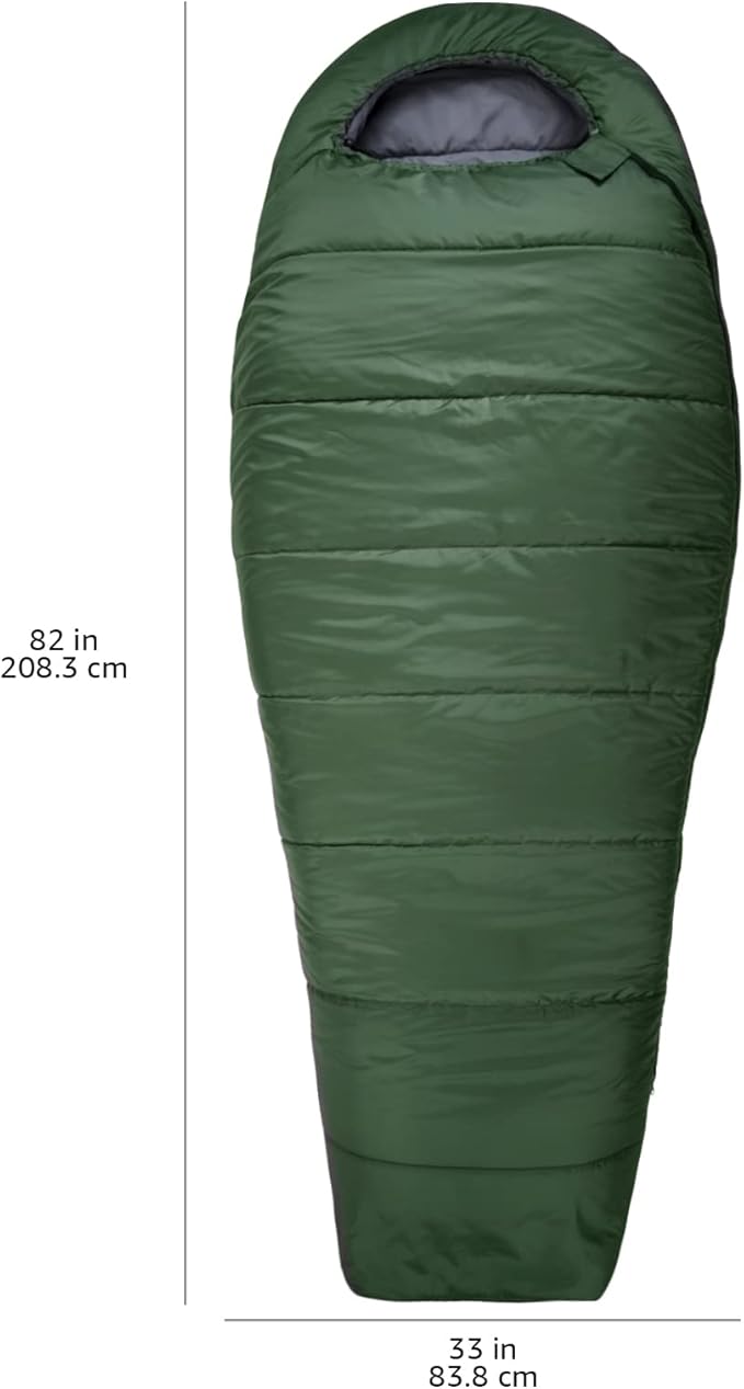 Amazon Basics 20°F Cold Weather Mummy Sleeping Bag, 82 Inches x 33 Inches, Olive Green