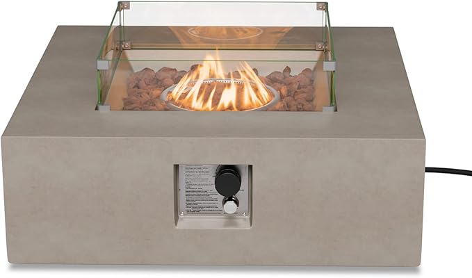 COSIEST Square Outdoor Sandstone Propane Fire Pit w Wind Guard, CSA Certified, 50,000 BTU Stainless Steel Burner, 35-inch, Free Lava Rocks and Rain Cover, Tank Outside, Metal Lid (Gray)