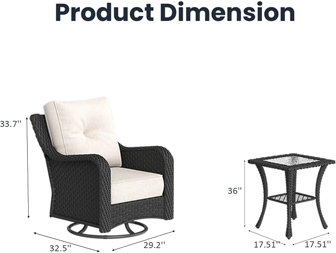 3 Pieces Outdoor Patio Furniture Sets with Rocking Swivel Chairs with 6-inch Thick Cushion and Side Table for Deck Lawn