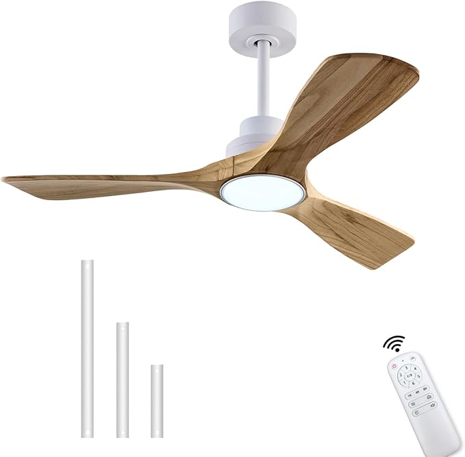 42" Wood Ceiling Fan with Lights Remote Control,Quiet DC Motor 3 Blade Ceiling Fans for Patio Living Room, Bedroom, Office,Indoor Outdoor(Raw wood+White)