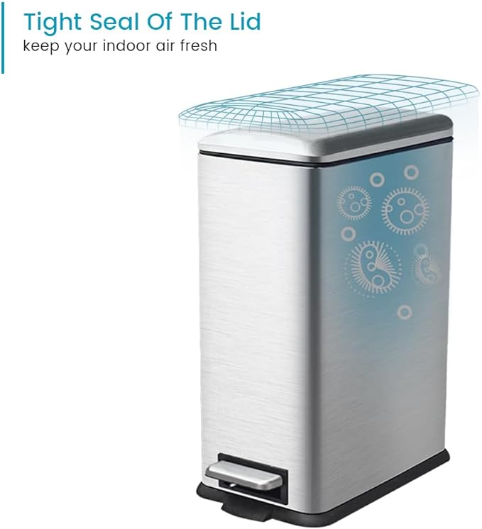 12 Gallon Slim Kitchen Trash Can, Metal Trash Can with Removal Inner Bucket and Soft-Close Lid, Foot Pedal, Stainless Steel Garbage Can 45 Liter, Silver