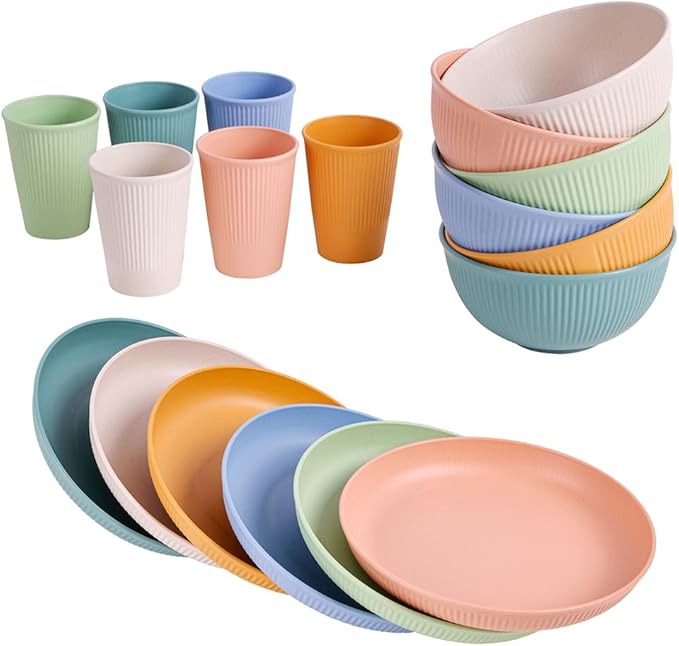 18pcs Wheat Straw Dinnerware Sets, HXYPN Unbreakable Reusable Dinnerware Set Kitchen Cups Plates and Bowls Sets Dishwasher Microwave Safe Plates