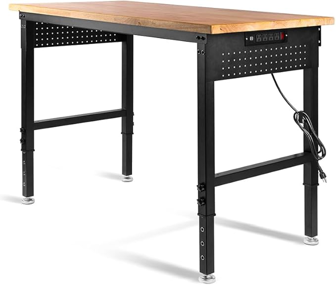 48" L×24”W Adjustable Workbench, 28”-40”Heights Heavy Duty Table 2000 LBS Load Capacity, Work Bench with Power Outlet & Pegboard, Rubber Wood Work Table for Garage, Office, Workshop, Home
