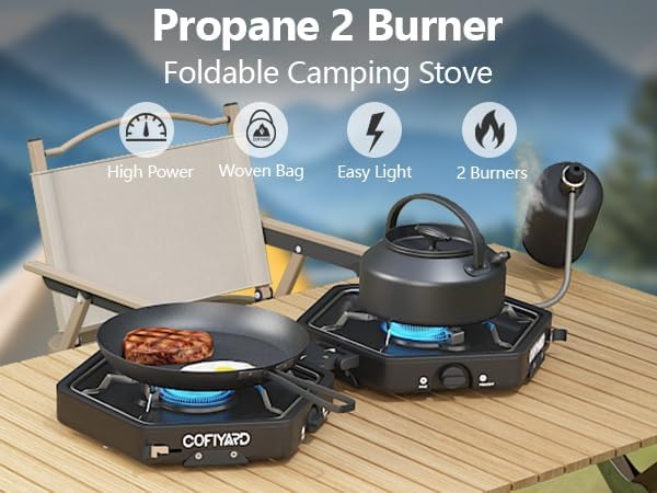 Propane 2 Burner Camping Stove with Carrying Bag, Portable Folding Gas Stove for Camping, Backpacking Camp Stove for Outdoor Cooking, With 17,000 BTU Adjustable Burners for BBQ, Tailgating Black
