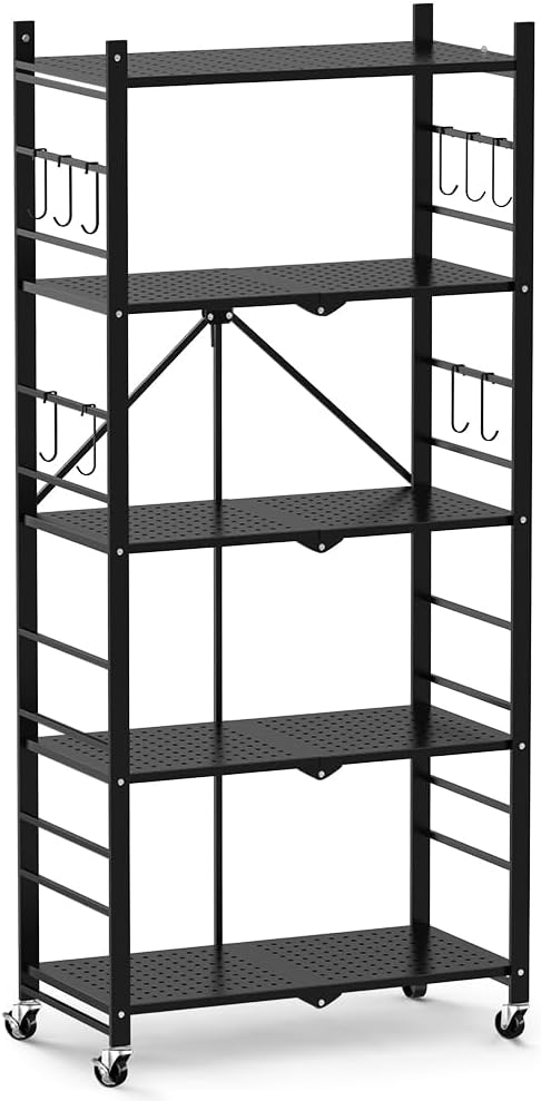 Himix Storage Shelves with 20 Hooks, 5-Tier Collapsible Organization Storage Rack Bookshelf Folding Pantry Shelves Cube Shelf Wire Shelving Holds 440 Ibs for Garage Kitchen Room
