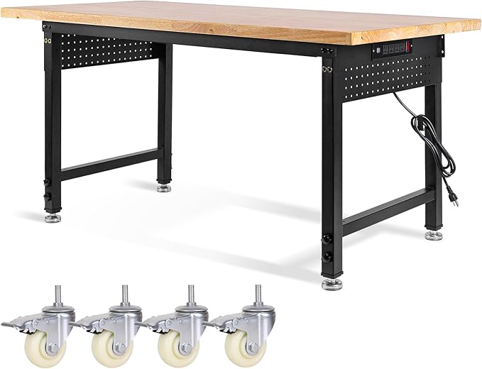 Height Adjustable Workbench with Wheels 60”×22” Heavy Duty Work Table 2000 LBS Capacity Rolling Work Table Rubber Wood Work Station with Power Outlet & Pegboard for Garage, Office, Workshop