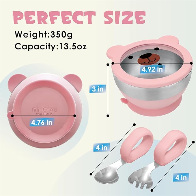 MR. CHOU Baby Suction Bowl Set with Spoon & Fork, Double-Layer 18/8 Stainless Steel Toddler Bowls with BPA Free Airtight Lid, Food Grade Infant Self-Feeding Bowl, First Stage Led Weaning Supplies Pink