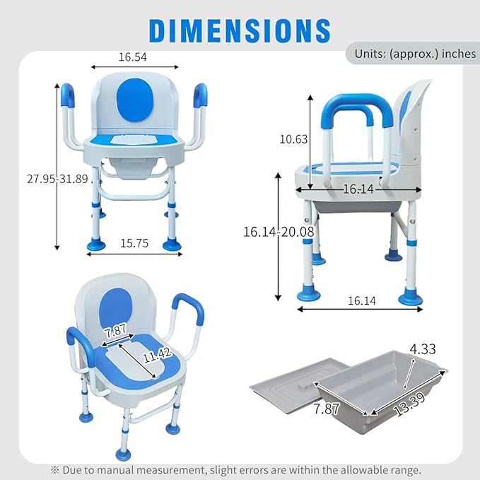 Lumizone Portable Toilet Chair for Elderly Adjustable Bedside Commode with Armrests & Sliding Bucket 5-Level Height Odor-Proof Double Lid Non-Slip Feet Supports 220 lbs, Lightweight for Home/Travel