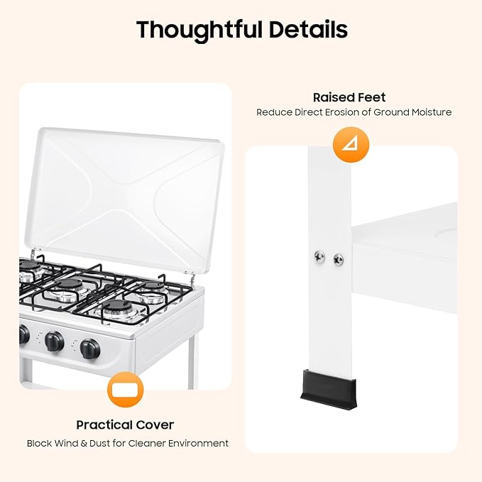 5-Burner Natural Gas Stove, Outdoor Camping Grill Stove, Portable Floor Standing Cooktop Cooker with Storage Stand and Wind Blocking Cover, Manual Ignition for Outdoor RV (White)