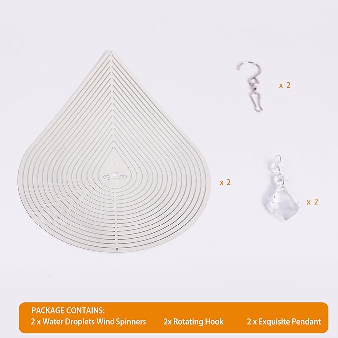 2PCS Wind Spinner 3D Stainless Steel Metal Sculptures Decorations, Water Droplets Wind Sculptures & Spinners, Outdoor Hanging Garden Decoration, Bird Devices Deterrent for Outside to Scare Birds Away