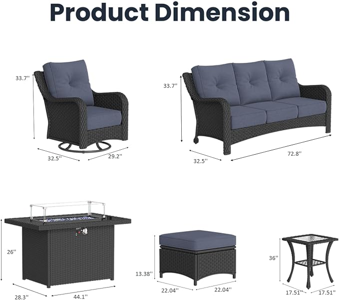 10 Pieces Outdoor Patio Furniture Sets with Rocking Swivel Chairs with 6-inch Thick Cushion and Fire Pit Table for Deck Lawn
