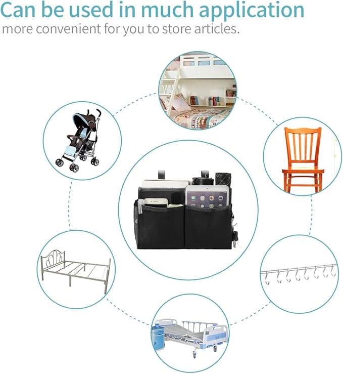 Bunk Bed Organizer, Bedside Caddy Hanging Bed Organizer Storage Bag with 4 Pockets and 2 Hooks, for College Dorm Rooms Bed, Hospital Bed, Baby Bed Rails, 600D Oxford Cloth (Black)