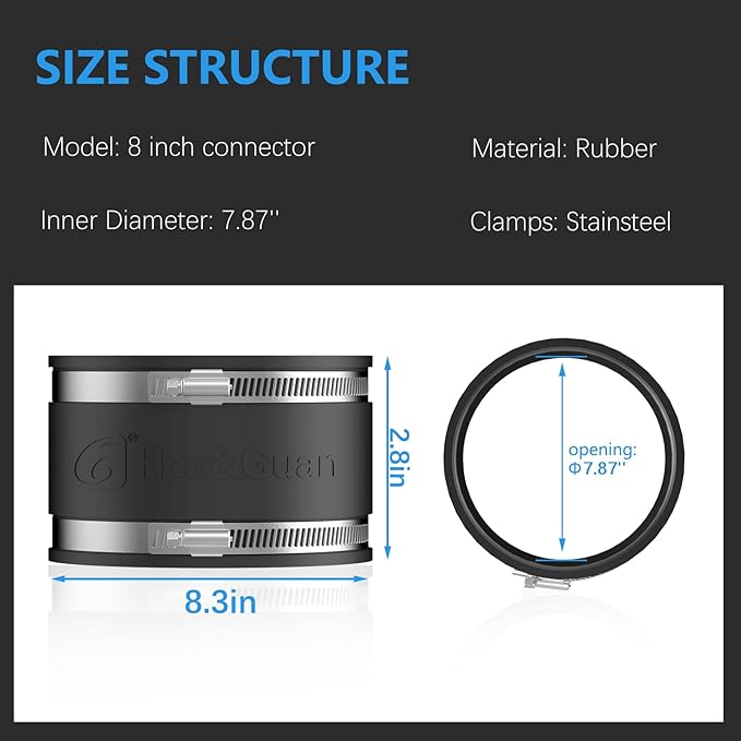Hon&Guan 8 Dust Collection Fittings Rubber Noise Reduction Clamp for 8 Inch PVC Pipe/HVAC Inline Duct Fans and Carbon Filters/Duct Reducer