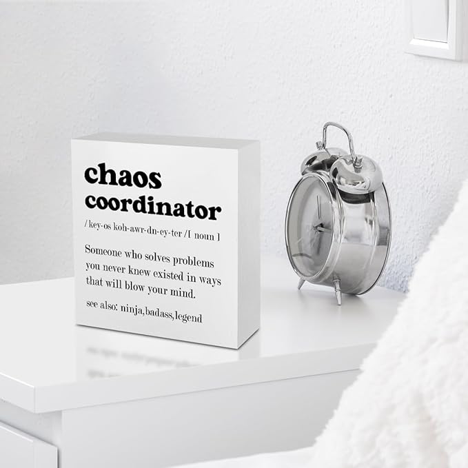 Funny Chaos Coordinator Office Supplies Rustic Desk Decor White Wooden Box Sign Thank You Gifts for Coworker Manager Boss Teacher Farmhouse Wood Plaque Cubicle Accessories Home Shelf Table Decorations