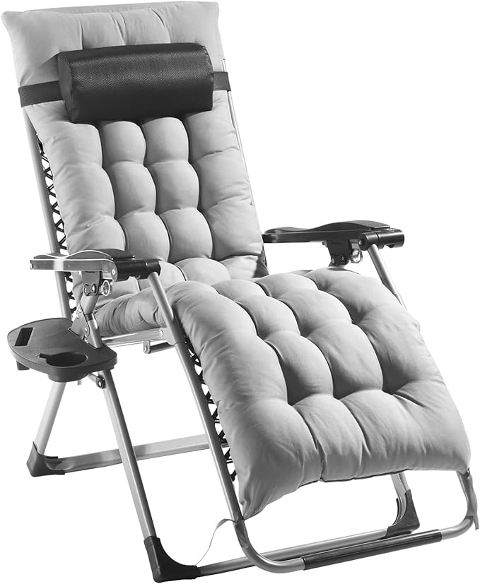 VEVOR Zero Gravity Chair, 26 inch Zero Gravity Recliner Lounge Chair for Indoor and Outdoor, Adjustable Anti Gravity Chair with Cushion, Headrest, Footrest, and Cupholder, 500 lbs, Gray