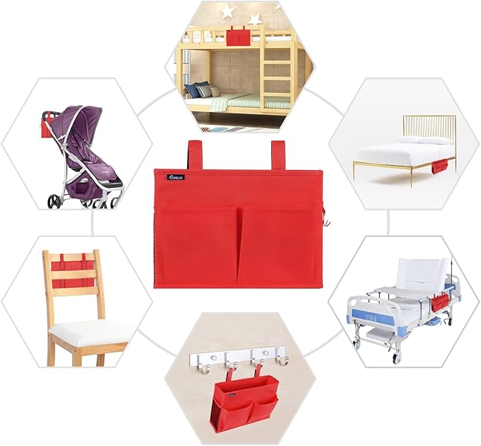 Surblue Caddy Hanging Organizer Bedside Storage Bag for Bunk and Hospital Beds, Red, Small