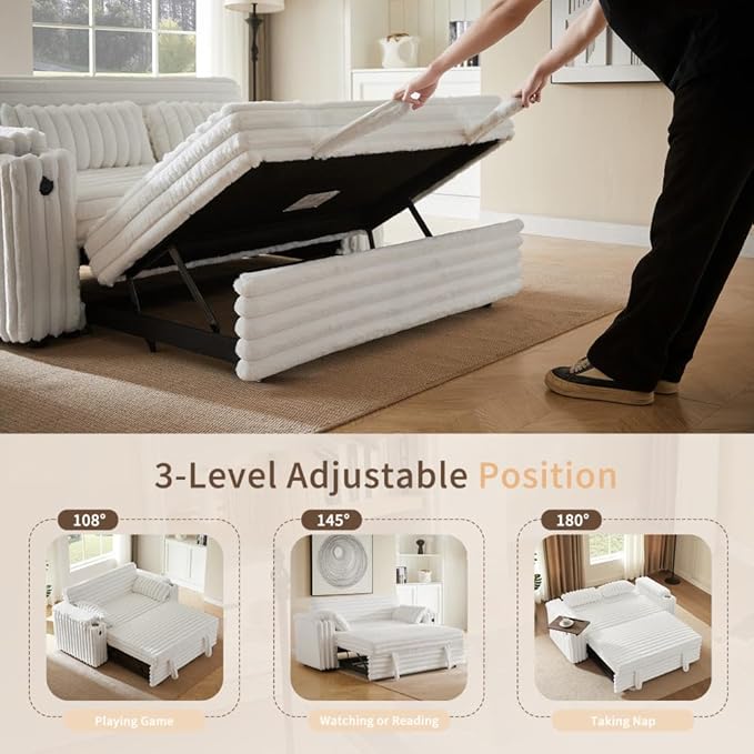 68" Corduroy Convertible Sofa Bed with USB, Storage Armrests & Pillows – 3-in-1 Foldable Sleeper Chair Floor Couch for Living Room, Bedroom, Guest Room (ZY-1109-White)