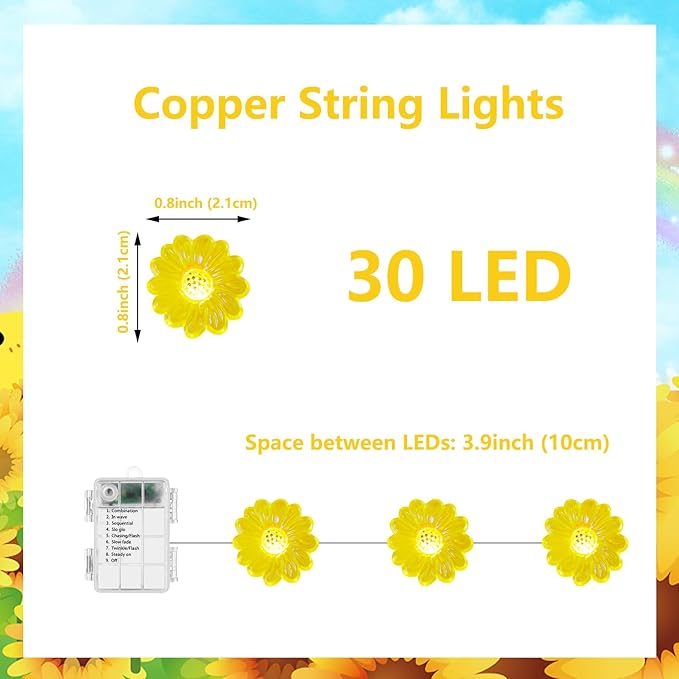 Sunflower String Lights Spring Fairy Lights, 30 LED Copper String Lights with Remote Control & Battery Operated Novelty Decorative Lights for Christmas, Bedroom Plants, Spring Decor (Sunflower)