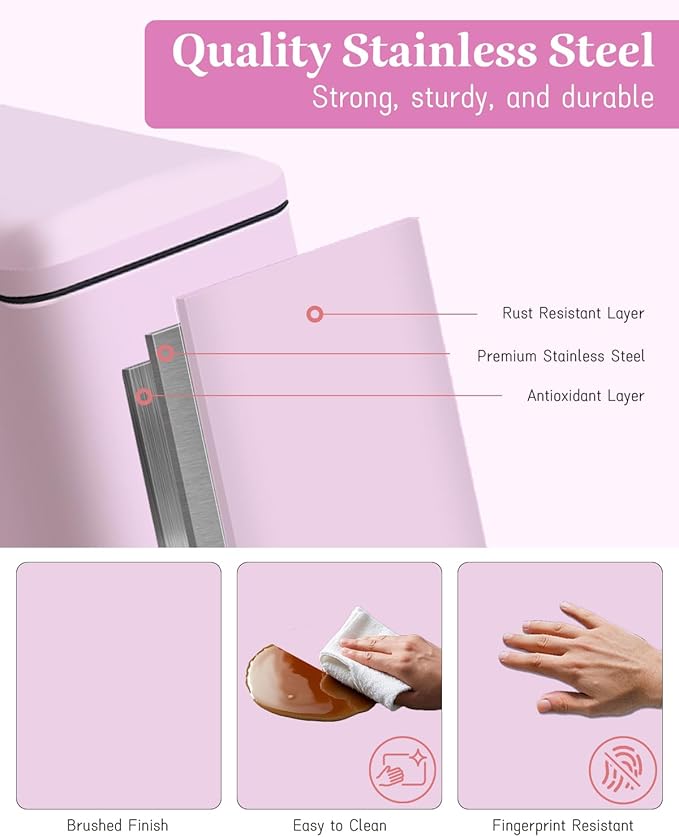 Pink Trash Can, 1.3 Gallon Bathroom Trash Can with Lid, Stainless Steel Pedal Trash Bin Removal Inner Bucket, Small Grabage Can for Bathroom,Bedroom,Home Office