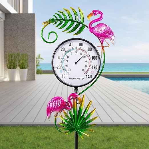 Outdoor Thermometer, No Battery Needed Outside Thermometer with Garden Stake, Flamingo Wall Thermometer for Yard Patio Decor