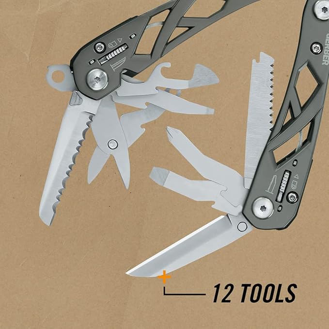 Gerber Gear Suspension 12-in-1 EDC Multi-Plier Multitool with Pocket Knife, Needle Nose Pliers, Wire Cutters and More, Gifts for Men, Camping and Survival, Grey