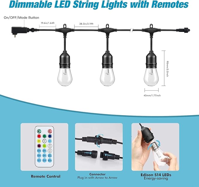 Auroraworld Outdoor String Lights, 48FT Color Changing Outdoor String Lights, Patio Lights Waterproof Porch Light with Remote, for Patio Decor, Balcony