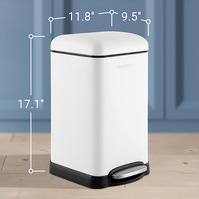 Happimess HPM1012C Betty Retro Mini 3.2-Gallon Step-Open Trash Can, Modern, Minimalistic, Fingerprint-Proof, Rustproof, Soft Close, Bedroom, Bathroom, Kitchen, Laundry Room, Office, 3.2 Gallons, White