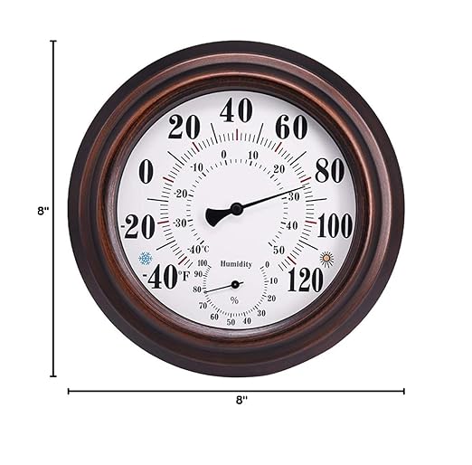 Indoor Outdoor Thermometer - Premium Steel Wall Thermometer Hygrometer for Patio, Wall or Decorative, No Battery Required Hanging Thermometer 8" Round Diameter (Bronze)