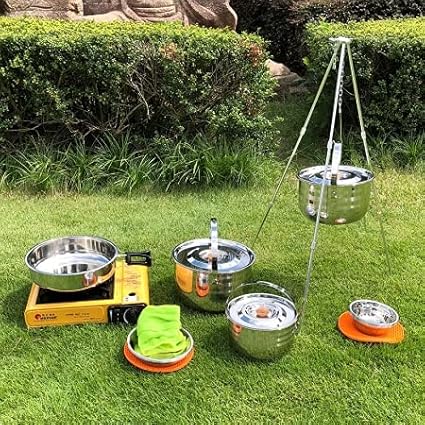 CAMPINGMOON Camping Cookware Set Stainless Steel Outdoor Nesting Cooking Mess Kit Pots Pans Bowls with Storage Carrying Tote Bag