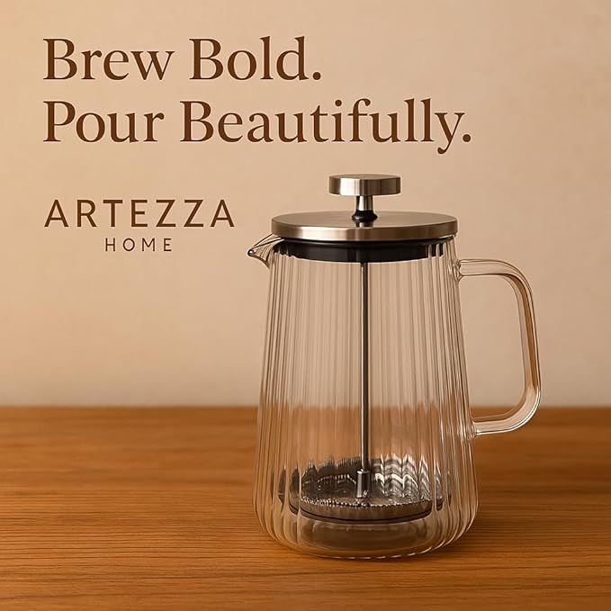 French Press Coffee Maker – 650ml (22oz) | Double-Wall Borosilicate Glass - Makes 4–5 Cups (1Cup = 4oz or 118ml) | Ribbed Manual Brewer with Stainless Steel Mesh Filter for Coffee & Tea