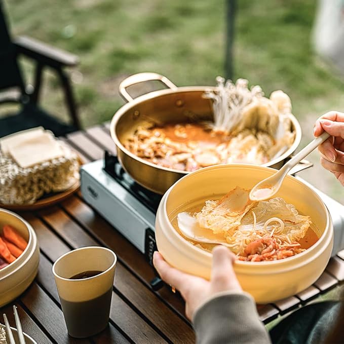 Camping Dishes Picnic Set, Camping Plates Cups and Bowls Set with Chopsticks and Spoons, BPA Free, 17PCS Portable Plastic Reusable Cutlery Set for 4, Portable Small Size, Not Microwave/Dishwasher Safe