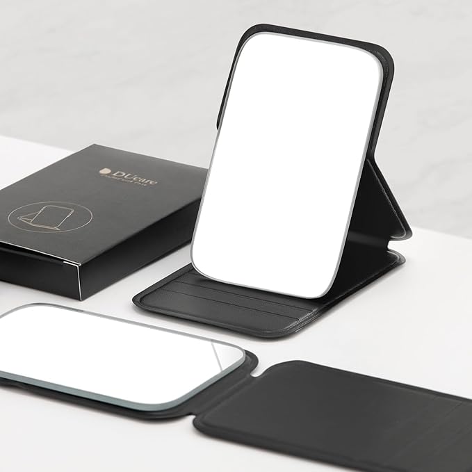 DUcare Mini Folding Mirror Portable Travel PU Portable Adjustable Rectangular Ultrathin Vanity Mirror with Stand, for Travel, Camping,Home