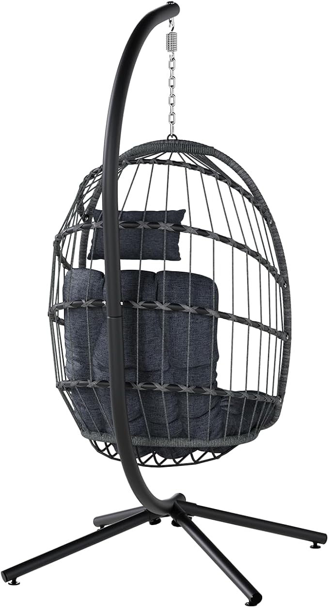 SWITTE Egg Chair Outdoor with Stand, Indoor Wicker Hanging Egg Swing Chair with Cushion, 350lbs Capacity for Patio, Bedroom, Garden - Dark Grey