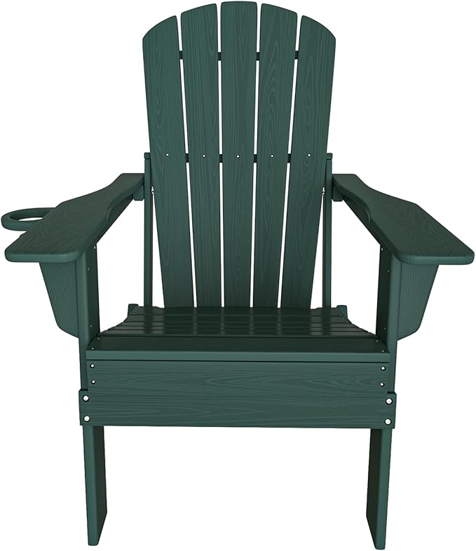 Folding Adirondack Chair, SGS Tested, Wooden Textured with Cup Holder, Heavy All-Weather HDPE Comfortable Set Poolside Backyard Lawn Green