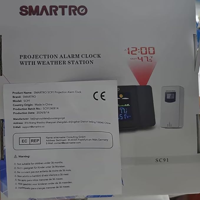 SMARTRO SC91 Projection Alarm Clock for Bedrooms with Weather Station, Wireless Indoor Outdoor Thermometer, Temperature Humidity Monitor Gauge Hygrometer
