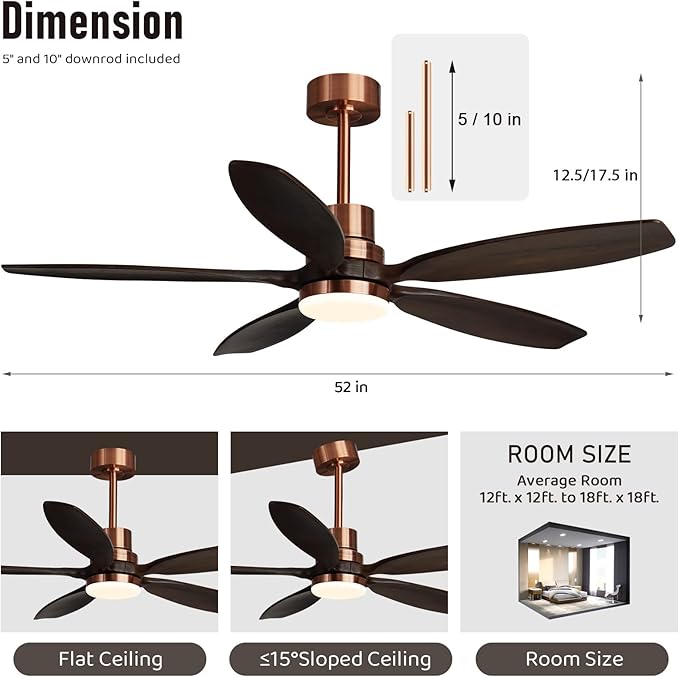 52" Ceiling Fan with Light and Remote,Reversible DC Motor,6Speed,Modern Natural Wood Ceiling Fan with Dimmable LED for Outdoor Patios Bedroom Living Room,Black Walnut and Red Brass