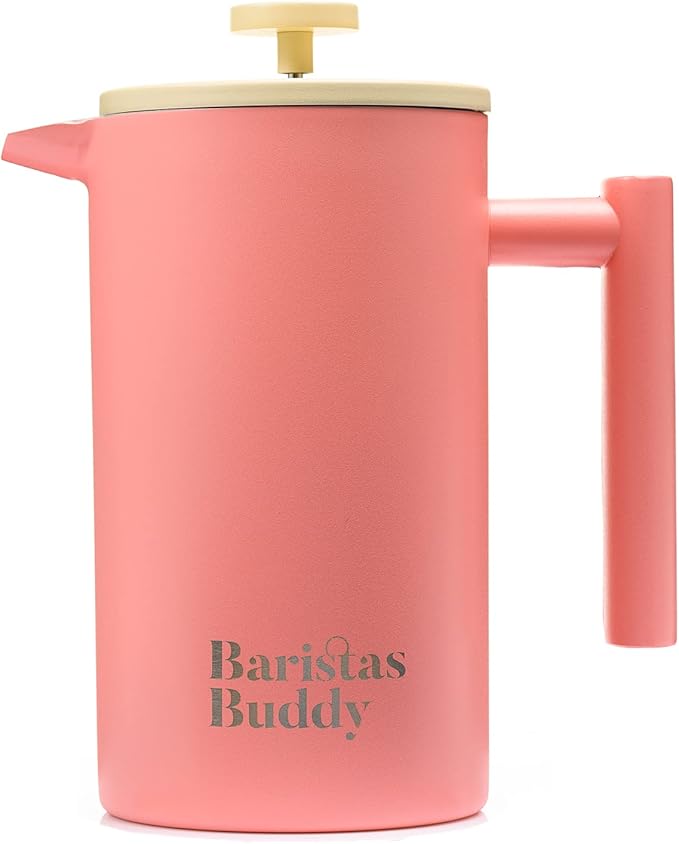 Cute Pink French Press Coffee Maker - Colorful, Retro And Stylish Insulated Coffee Brewer - Large Size Brews 4 Cups