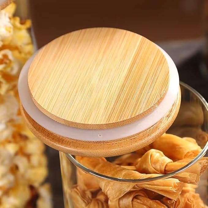 4 Pack Glass Jar with Airtight Wood Lid and White 132 Kichen Pantry Labels Preprinted - 38 Oz Clear Round Glass Food Storage Containers set For Cereal Rice Sugar