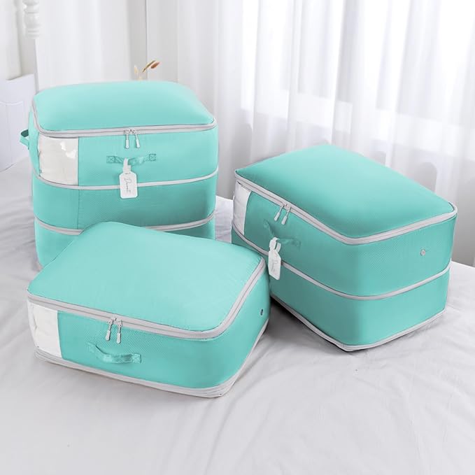 Comforter Storage Bag - Large Capacity Blanket Storage Bags 3-Layer Ultra Space Saving Self Compression Organizer, Washable Compression Bags for Storage Comforter Blanket, 4-Pack, Blue