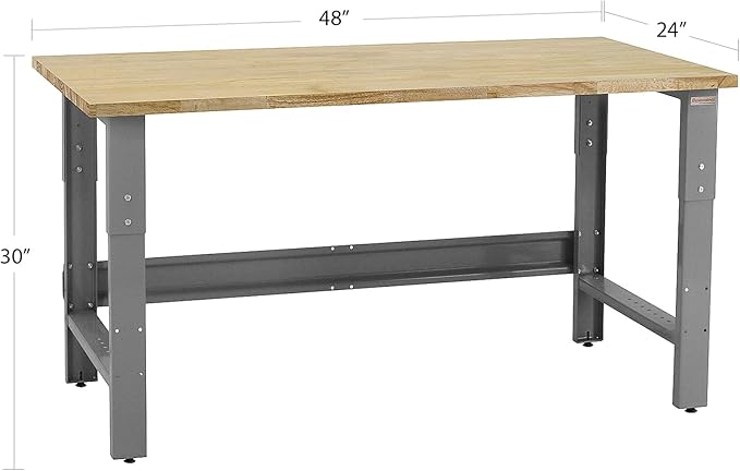 Table & Workbench: 1" Thick Solid Wood Oiled Butcher Block Top, Height Adjustable 24" D x 48" L x 30" - 36" H - by BenchPro