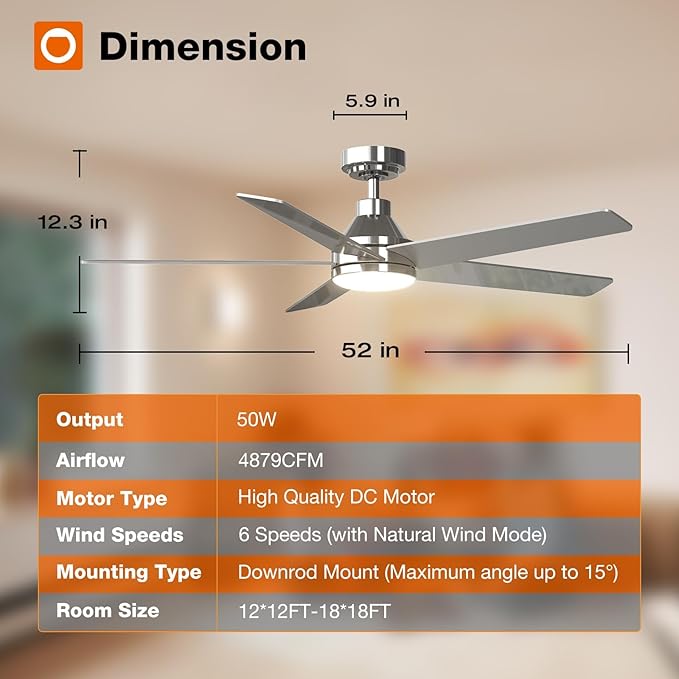 addlon Ceiling Fans with Lights, 52 inch Ceiling Fan with Light and Remote Control, Reversible, 3CCT, Dimmable, Noiseless, Nickel Ceiling Fan for Bedroom, Indoor/Outdoor Use