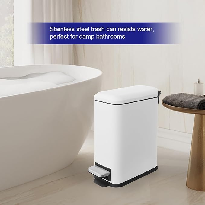 Bathroom Trash Can with Lid,5 Liter / 1.3 Gallon Small Trash Can with Removable Liner Bucket, Soft Close lid & Step Pedal, Stainless Steel Trash Bin for Bathroom,Bedroom,Home Office, White